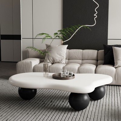 VYNXARIA 47-Inch White Cloud Shaped Coffee Table with Black Ball Legs - Modern Elegance for Your Living Room
