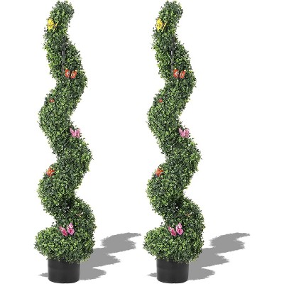 2Pcs 4/5FT Artificial Spiral Topiary Trees, UV Resistant Artificial Outdoor Plants with Straw Bag, Fake Outdoor Topiary for Home Decor, Porch, Garden