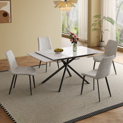 5 Piece Dining Set for 4,Retractable Sintered Stone Dining Table with 4 Armless Dining Chairs Metal Legs for Dining Room,Kitchen-Maison Boucle