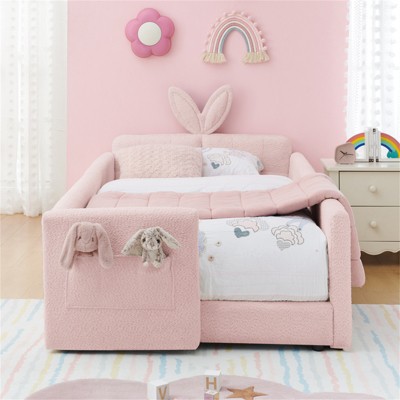 YONWAY Twin Size Upholstered Floor Bed with Rabbit Ear Shaped Headboard, Boucle Fabric Kids Beds Frame with Safety Rail & Pocket for Kids