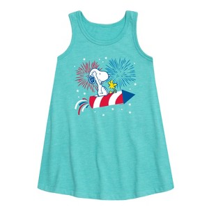 - Peanuts - Snoopy And Woodstock Fireworks Graphic Sleeveless Aline Dress - 1 of 3