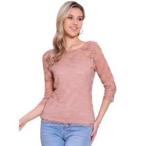 INSPIRE CHIC Women's Floral Lace 3/4 Sleeve Crew Neck Casual Elegant Blouse - 1 of 4