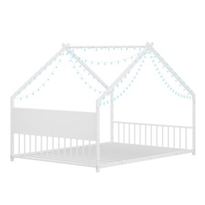TopComfy Beds Full Size House Bed with Roof and Colorful Metal Bed Frame with Slats and Legs No Box Spring Needed for Kids, White, 78.5"*55.91"*58.36" - 1 of 4