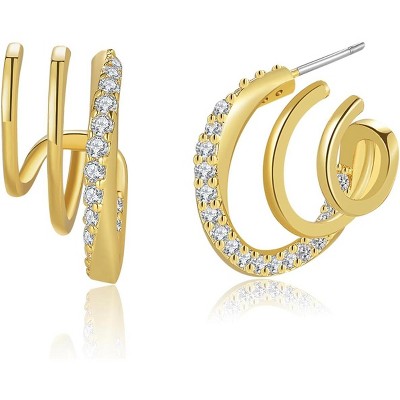 14K Gold Plated Triple Huggie Illusion Stud Earrings | Double Huggie Hoop Earrings for One Hole | Gold Hoop Earrings for Women