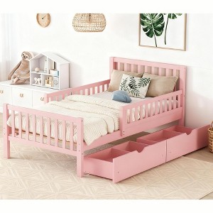 TiramisuBest Twin Kids Bed Frame, Toddler Bed with Guardrails and 2 Storage Drawers Solid Wood Platform for Minimalist Bedroom, Pink - 1 of 4