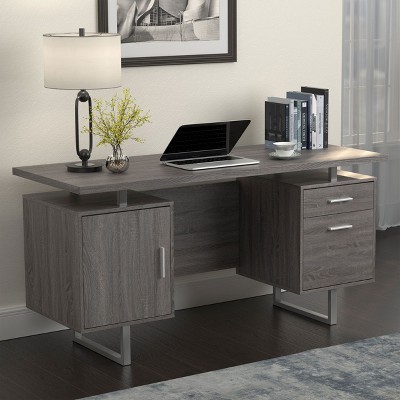 Sapphtopaz 60" Modern Computer Desk with 2 Drawers and Shelf Wood Office Desk with Metal Base and Cabinet Desk for Bedroom, Study Room, Office
