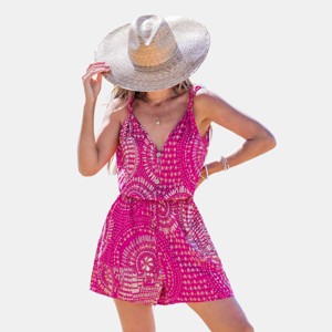Women's Fuchsia Boho Printed Elastic Waist Beach Romper - Cupshe - 1 of 4