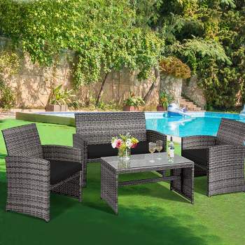 Costway 4PCS Patio Rattan Furniture Set Conversation Glass Table Top Cushioned Turquoise\Red
