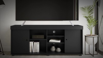 Modern White Particleboard TV Stand with Open Shelves and Cabinet
