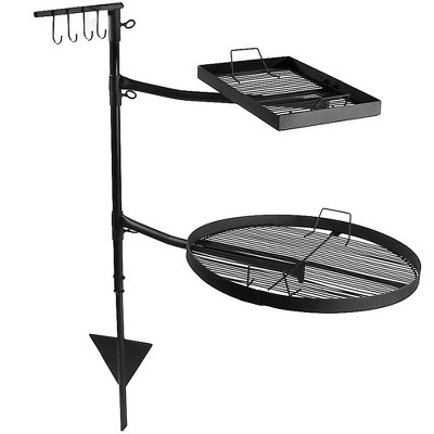 Sunnydaze Outdoor Camping or Backyard Steel Adjustable Cooking Grilling Fire Pit BBQ Stake with 2 Swivel Swing Grates