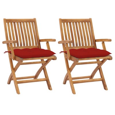 vidaXL Patio Chairs 2 pcs with Red Cushions Solid Teak Wood