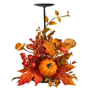 Nearly Natural 12-in Fall Maple Leaves, Berries and Pumpkin Autumn Harvest Candle Holder - 1 of 4