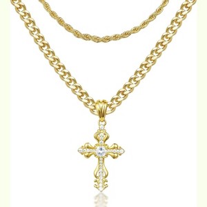 Layered Cross Necklace for Women - 14K Gold Plated CZ Pendant, Trendy Choker Jewelry Gift - 1 of 4