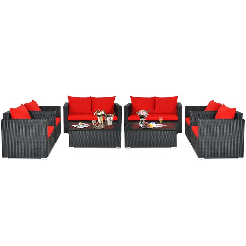 Costway 8PCS Patio Rattan Furniture Set Cushioned Sofa Chair Coffee Table Turquoise\Red\Black, 2 of 10