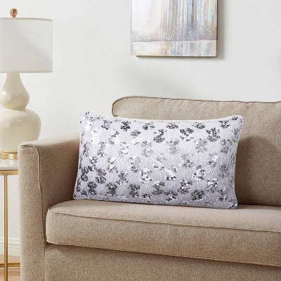 16"x24" Oversized Shag Sequins Lumbar Throw Pillow White/Silver - VCNY Home: Glam Style, Faux Fur Texture