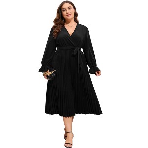 Women's V - Neck Pleated Long - Sleeve Midi Dress with Waist Tie, Flowy & Elegant for Formal Occasions - 1 of 4