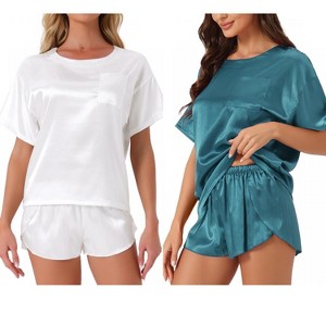INSPIRE CHIC Women's 2 Pcs Lounge Sets Satin Silky Short-Sleeve Tee with Side-Slit Elastic Shorts Sleepwear - 1 of 4
