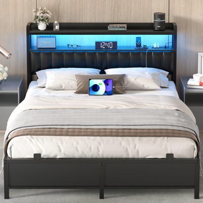 Aheaplus Platform Bed Frame with Reversible Storage Headboard and Charging Station