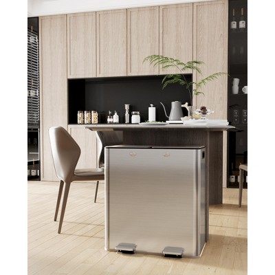 Kitchen Trash Can, 2 x 8-Gallon Dual Trash Can,Two Separate Compartments with Two Airtight Hinged Lids, Stainless Steel, Silver