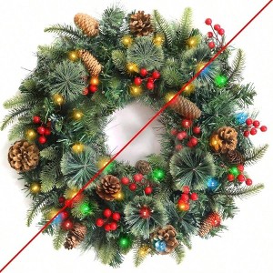 24 Inch Lighted Wreath for Front Door Outdoor with Pinecones Berried 50 Warm White Multicolor Lights 8 Modes Timer Norfolk Pine - 1 of 4
