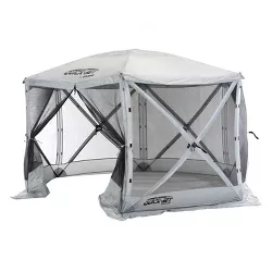CLAM Quick-Set Escape 11.5 x 11.5 Foot Portable Pop-Up Outdoor Camping Gazebo Screen Tent 6 Sided Canopy Shelter with Ground Stakes & Carry Bag, Gray