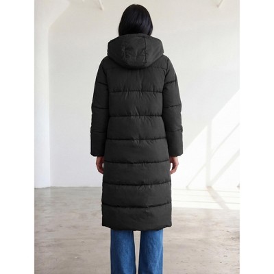 Женские куртки INSPIRE CHIC Women's Winter Long Buttoned Slit Hem Parka Stand Collar Removable Hood Warm Quilted Padded Coat M Black — фото 3