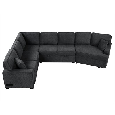 VYNXARIA 126in L-shaped Sofa Sectional Sofa Couch Pull-out Sofa Bed with Charging Devices and Cup Holders for Living Room, Blue Black