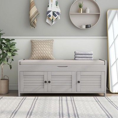 Wooden Storage Bench, Upholstered Entryway Bench with Removable Cushion, Shoe Cabinet with Hidden Storage for Entryway Bedroom Living Room