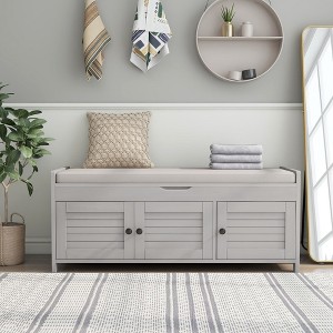 Wooden Storage Bench, Upholstered Entryway Bench with Removable Cushion, Shoe Cabinet with Hidden Storage for Entryway Bedroom Living Room - 1 of 4
