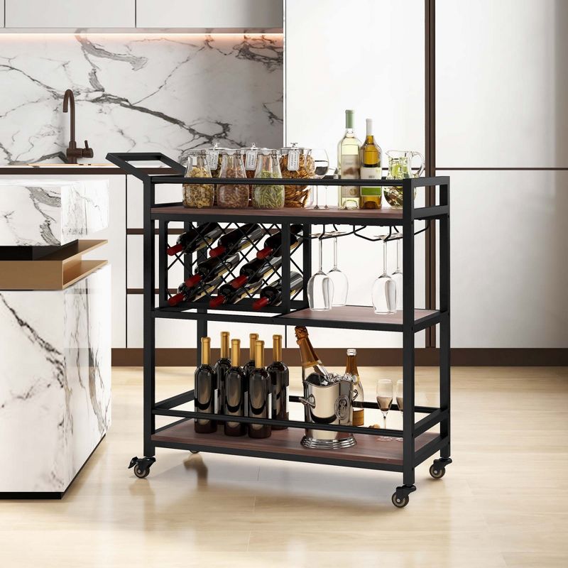 Costway 3-tier Bar Cart on Wheels Home Kitchen Serving Cart with Wine Rack & Glass Holder Rustic Brown/Brown, 2 of 11