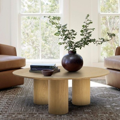 40" Mid Century Modern Round Wood Coffee Table With 3 Cylindrical Legs,Farmhouse Drum Cocktail Circle Center Wooden Table-Cuddlewood