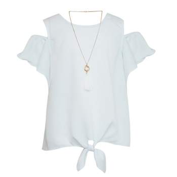 Amy Byer Girls' Short Sleeve Cold Shoulder, Tie Front Top with Necklace