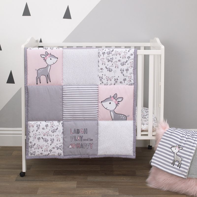 Little Love by NoJo Sweet Deer - Grey, Pink, White 3 Piece Nursery Mini Crib Bedding Set with Comforter, 2 Fitted Mini Crib Sheets, 1 of 3