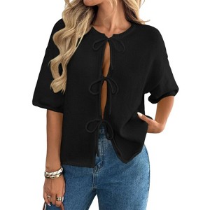 Coolmee Women's Tie Front Cardigan Crewneck Sweater Knit Short Sleeve Drop Shoulder Tops - 1 of 4