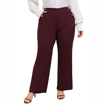 Plus Size Dress Pants for Women Stretch Pull On Flare Pants Pockets Dressy Business Casual Work Pants Wine Red 3XL