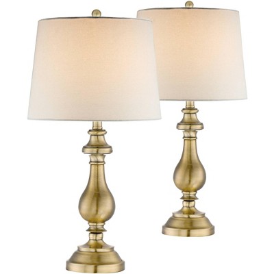 Regency Hill Traditional Table Lamps Set of 2 Candlestick Brass Metal White Fabric Drum Shade for Living Room Family Bedroom