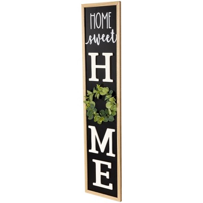 Black and Natural Wood Outdoor Porch Sign with Wreath Accent