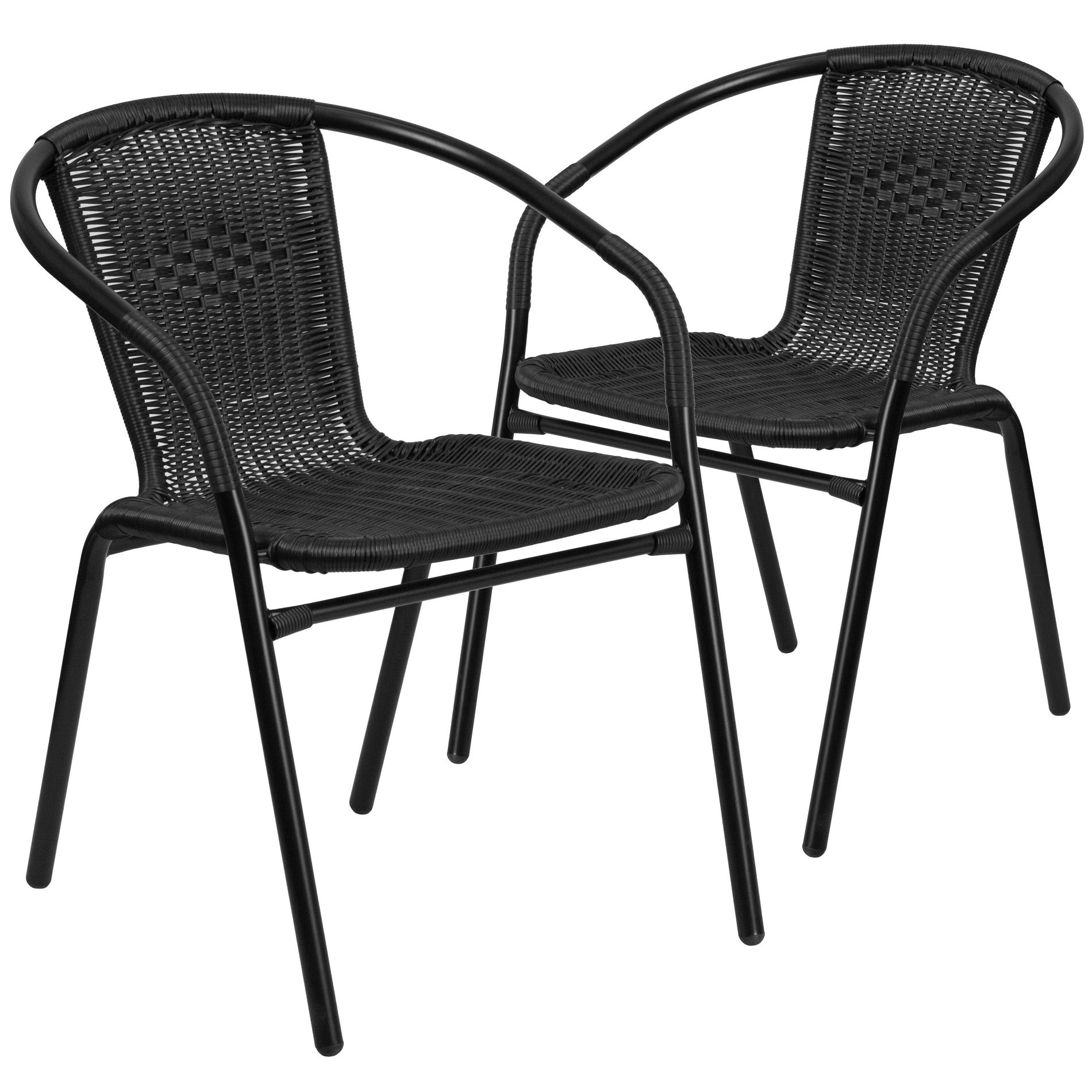 Emma and Oliver 2 Pack Black Rattan Indoor-Outdoor Restaurant Stack Chair with Curved Back