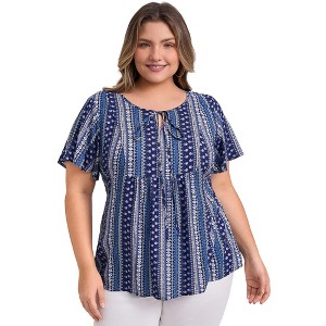 GRACE & GRANDEUR Women's Plus Size Boho Floral Print Drawstring Collar Ruffle Sleeve Gathered Ties Babydoll Blouses - 1 of 4