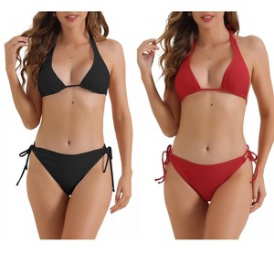 INSPIRE CHIC Women's Triangle Halter String Tie Back Triangle Bottoms Swimwear Bathing Bikini Suits 2 Sets - 1 of 4