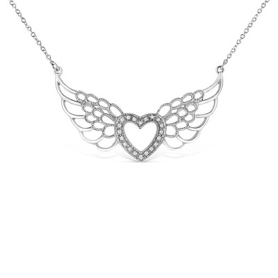 Haus of Brilliance Silver Pave-Set Diamond Accent Fairy Wing Heart Pendant Necklace