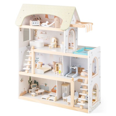 Safstar Kids Wooden Dollhouse 4-Story Modern Doll House with 33Pcs Furniture Accessories