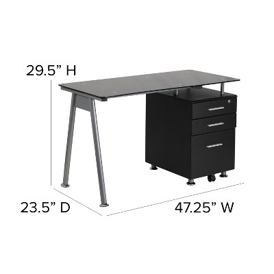 Sleek Black Tempered Glass 50.5'' Computer Desk with Three-Drawer Pedestal