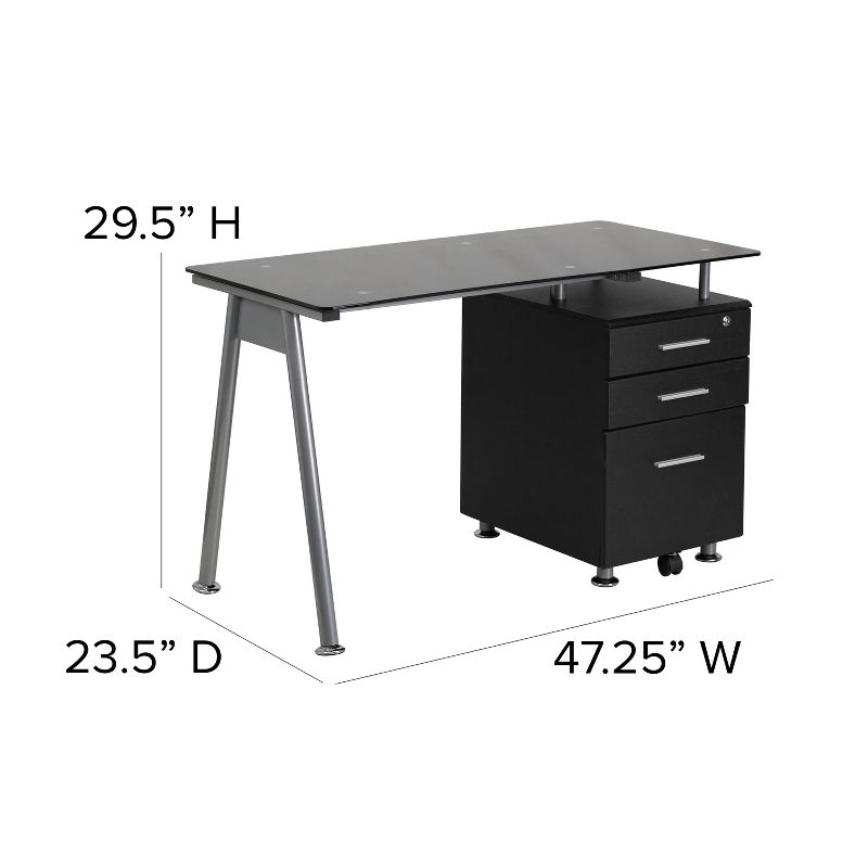 Emma and Oliver Black Glass Computer Desk with Three Drawer Pedestal, 3 of 7