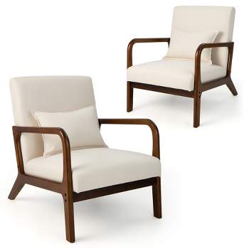 Costway Set of 2 Accent Chairs Leisure Armchair with Rubber Wood Frame&Lumbar Pillow Gray/Beige