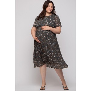 Pinkblush Forest Green Floral Pleated Chiffon Maternity Plus Midi Dress - 1 of 4