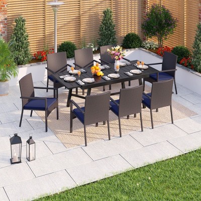 Captiva Designs 9pc Patio Dining Slat-top Adjustable Steel Rectangle Table & Armrest Rattan Chairs