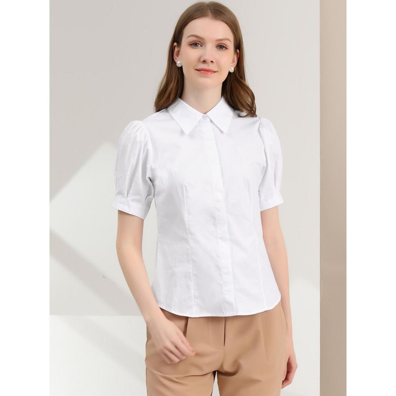 Allegra K Women's Puff Short Sleeve Collared Cotton Work Office Button Down Shirt, 3 of 7