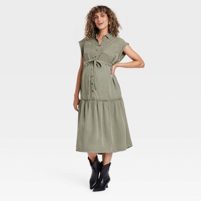 Short Sleeve Button-Front Belted Maxi Maternity Dress - Isabel Maternity by Ingrid & Isabel™ Green S