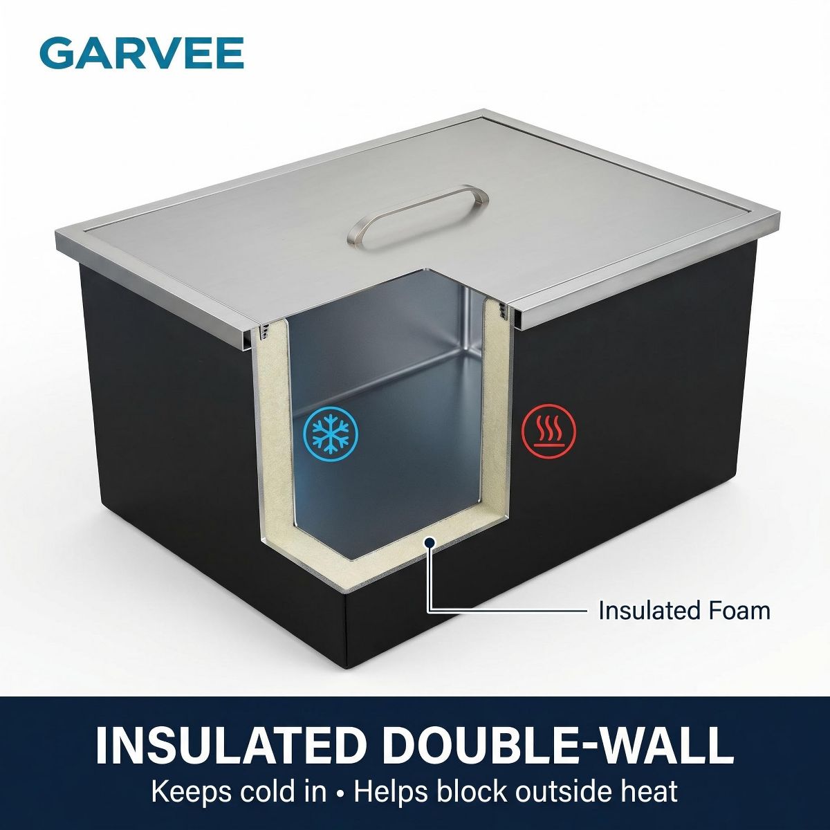 Built In Stainless Steel Ice Cooler Box, Insulated Beverage Chest with Lid and Drain Hole - thumbnail 3